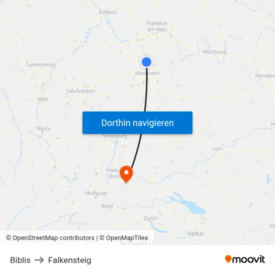 Biblis to Falkensteig map