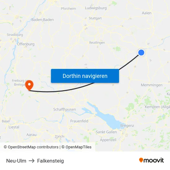 Neu-Ulm to Falkensteig map