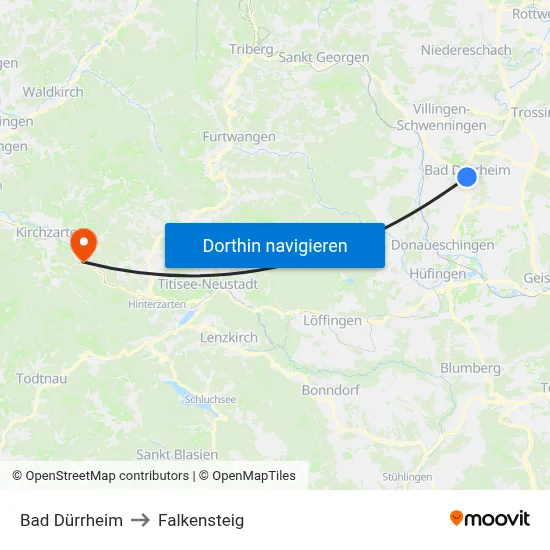 Bad Dürrheim to Falkensteig map
