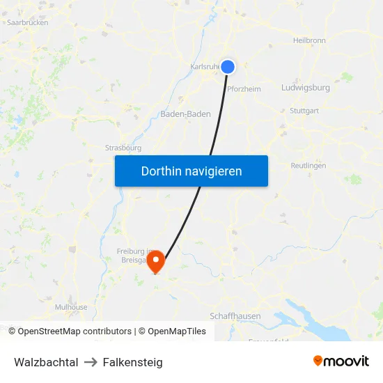 Walzbachtal to Falkensteig map