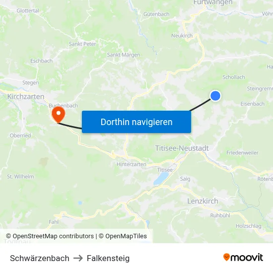 Schwärzenbach to Falkensteig map