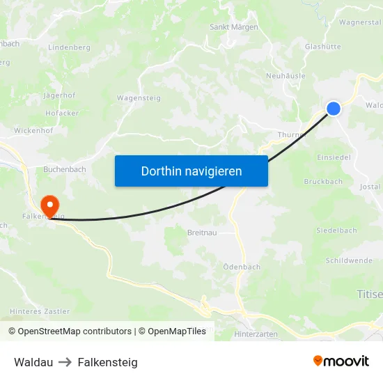 Waldau to Falkensteig map