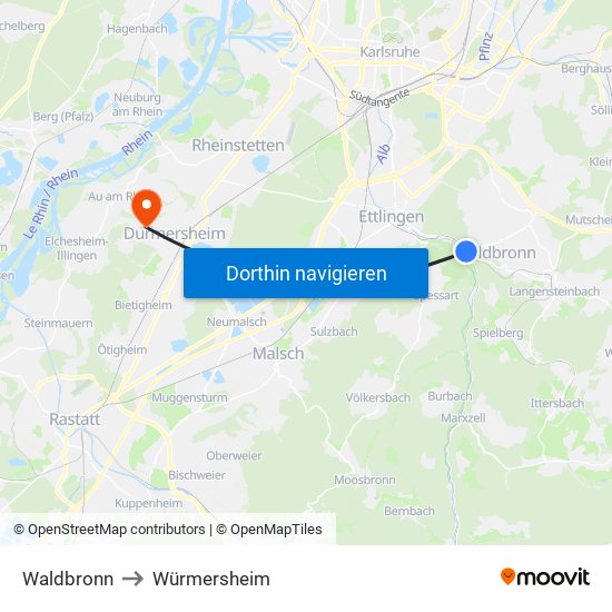 Waldbronn to Würmersheim map