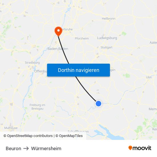 Beuron to Würmersheim map