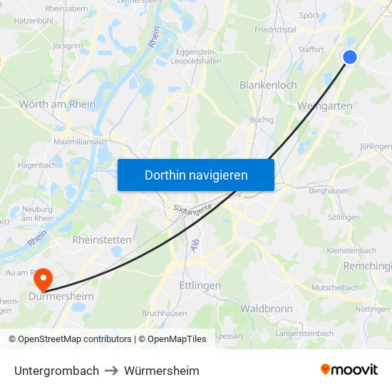 Untergrombach to Würmersheim map
