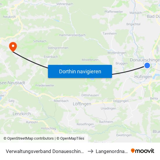 Verwaltungsverband Donaueschingen to Langenordnach map