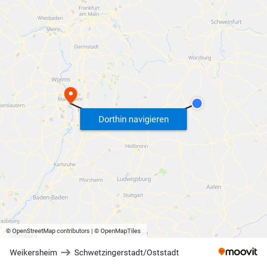Weikersheim to Schwetzingerstadt/Oststadt map
