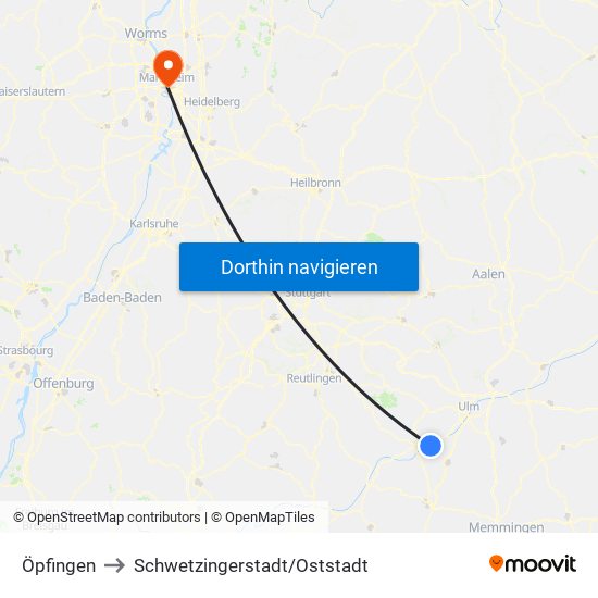 Öpfingen to Schwetzingerstadt/Oststadt map