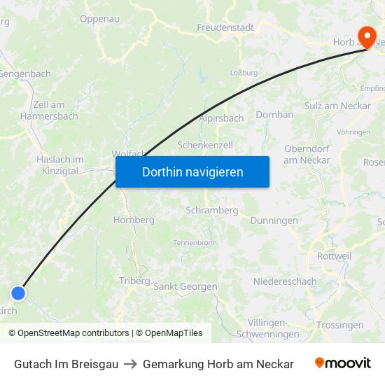 Gutach Im Breisgau to Gemarkung Horb am Neckar map