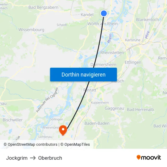 Jockgrim to Oberbruch map
