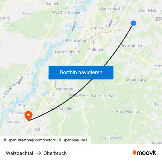 Walzbachtal to Oberbruch map