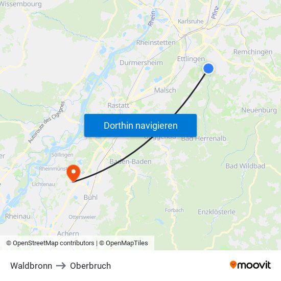 Waldbronn to Oberbruch map
