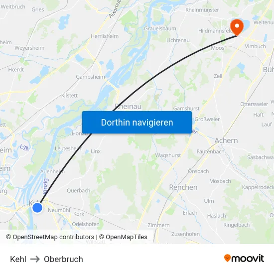 Kehl to Oberbruch map