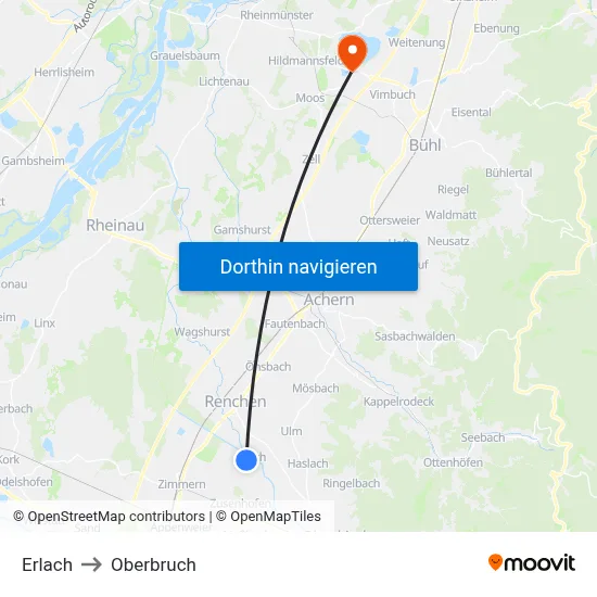 Erlach to Oberbruch map