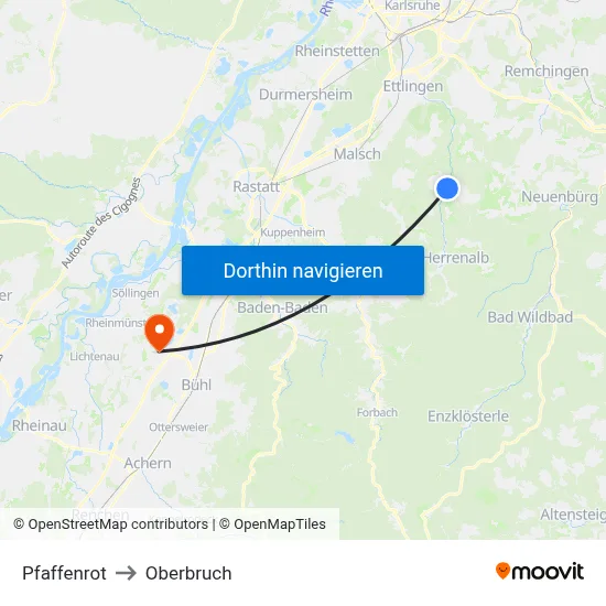 Pfaffenrot to Oberbruch map