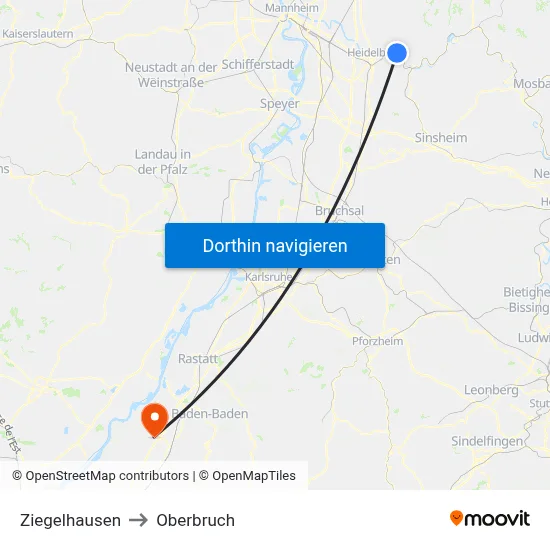 Ziegelhausen to Oberbruch map