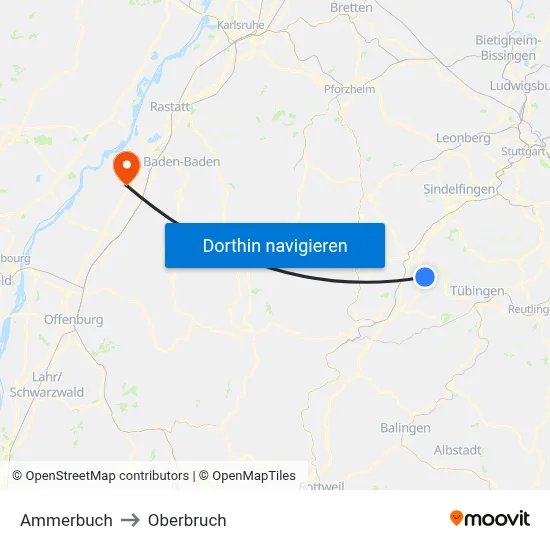 Ammerbuch to Oberbruch map
