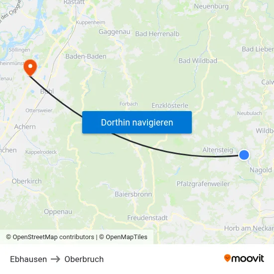 Ebhausen to Oberbruch map
