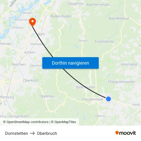 Dornstetten to Oberbruch map