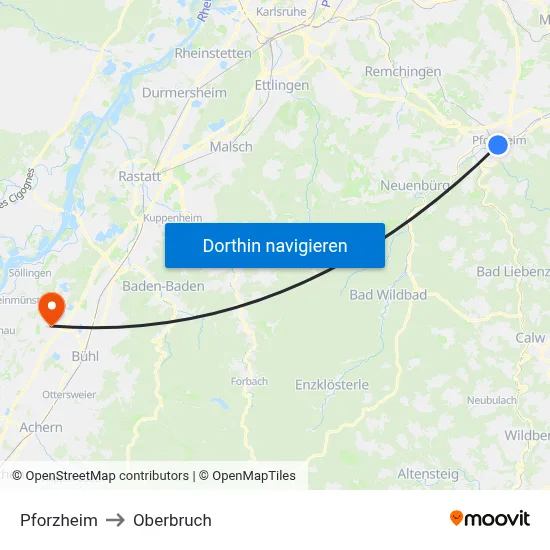 Pforzheim to Oberbruch map