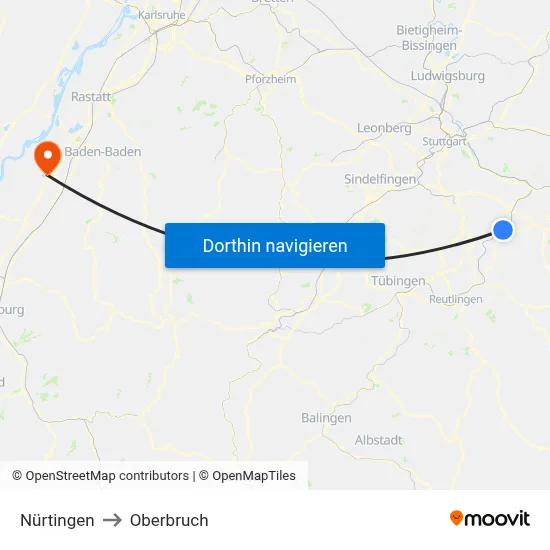 Nürtingen to Oberbruch map