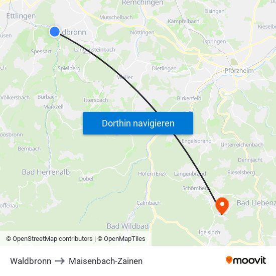 Waldbronn to Maisenbach-Zainen map
