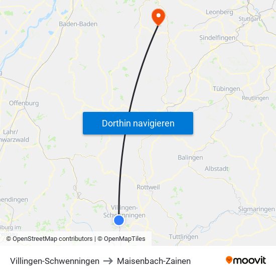 Villingen-Schwenningen to Maisenbach-Zainen map