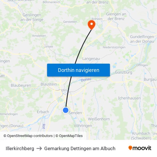 Illerkirchberg to Gemarkung Dettingen am Albuch map