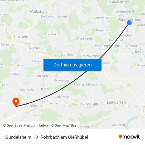Gundelsheim to Rohrbach am Gießhübel map