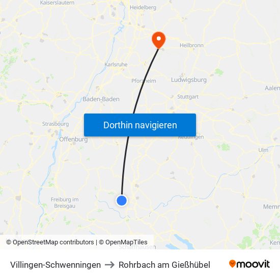 Villingen-Schwenningen to Rohrbach am Gießhübel map