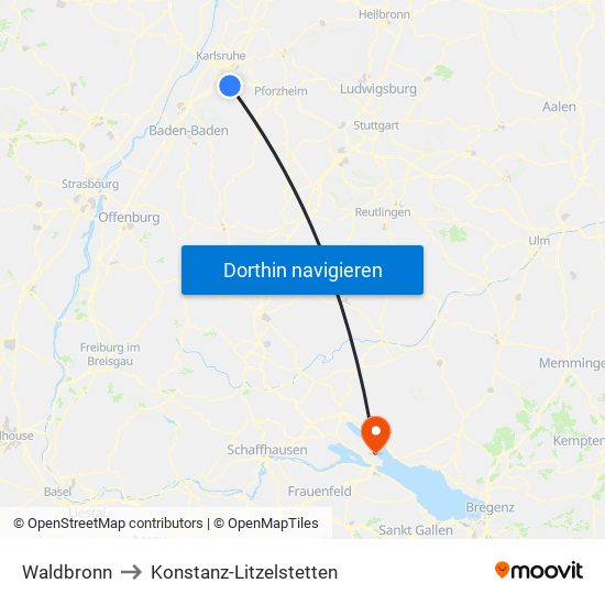 Waldbronn to Konstanz-Litzelstetten map