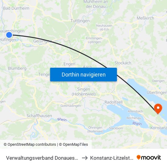 Verwaltungsverband Donaueschingen to Konstanz-Litzelstetten map