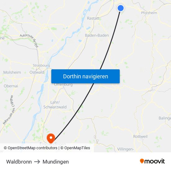Waldbronn to Mundingen map
