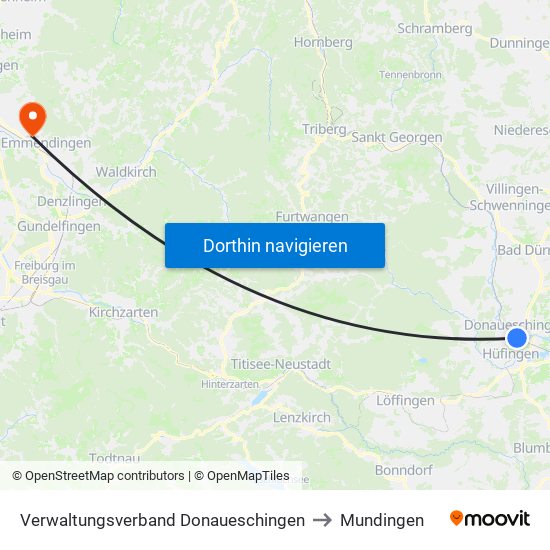 Verwaltungsverband Donaueschingen to Mundingen map