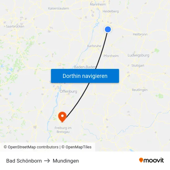 Bad Schönborn to Mundingen map