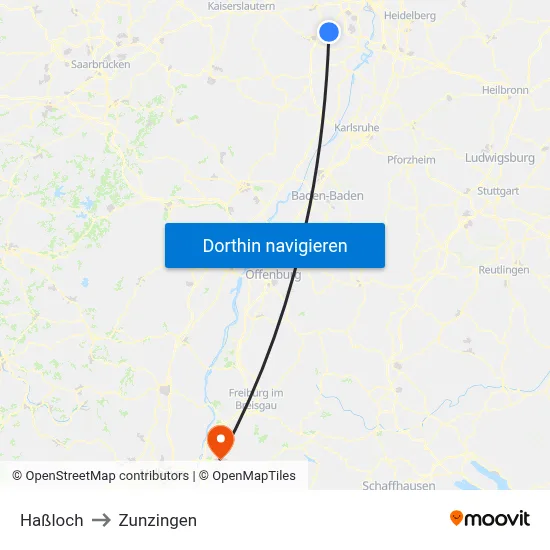 Haßloch to Zunzingen map