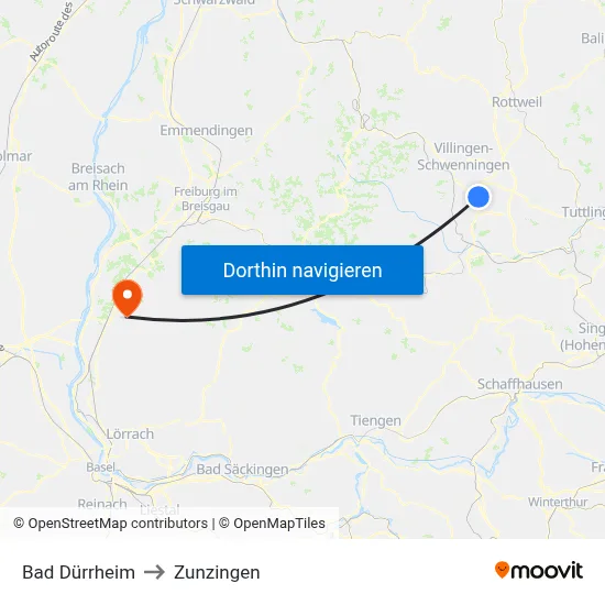 Bad Dürrheim to Zunzingen map