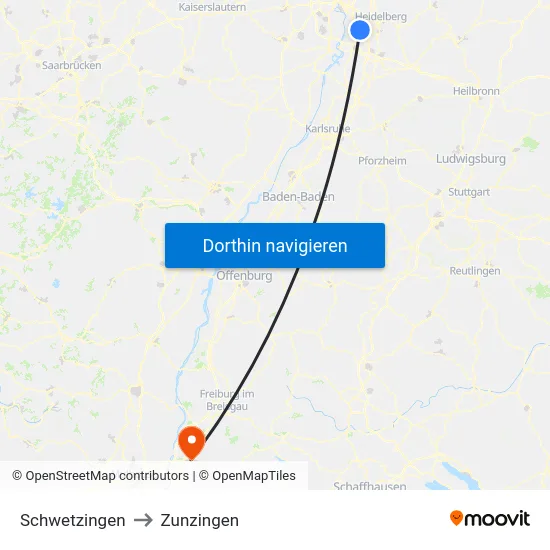 Schwetzingen to Zunzingen map