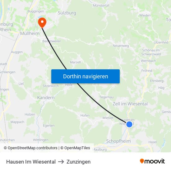 Hausen Im Wiesental to Zunzingen map