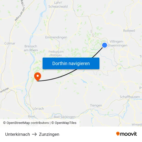 Unterkirnach to Zunzingen map