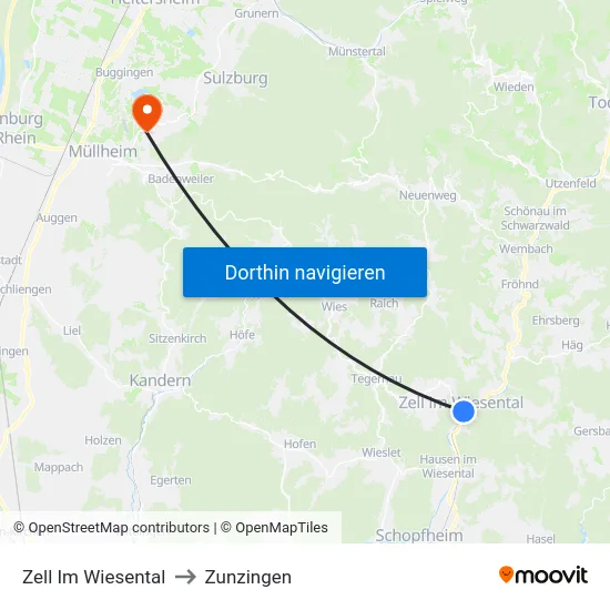 Zell Im Wiesental to Zunzingen map