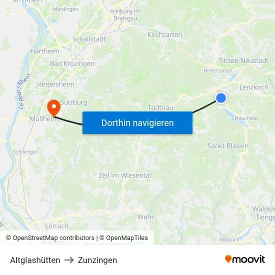 Altglashütten to Zunzingen map