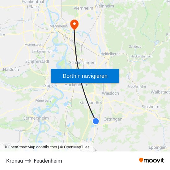 Kronau to Feudenheim map