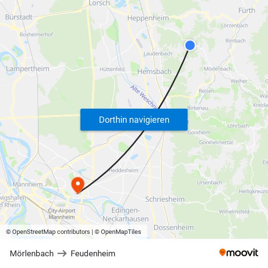 Mörlenbach to Feudenheim map