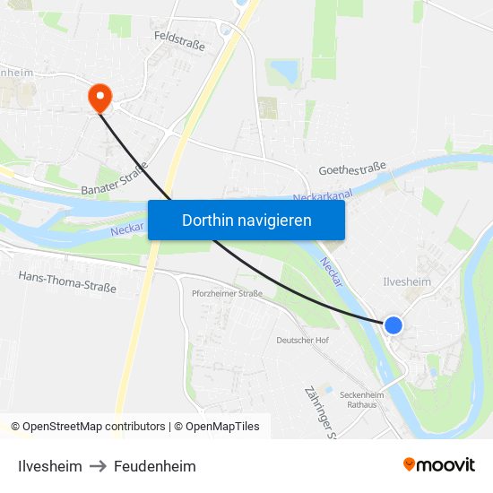 Ilvesheim to Feudenheim map