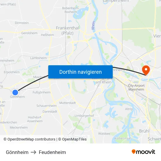 Gönnheim to Feudenheim map