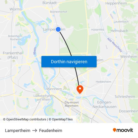 Lampertheim to Feudenheim map