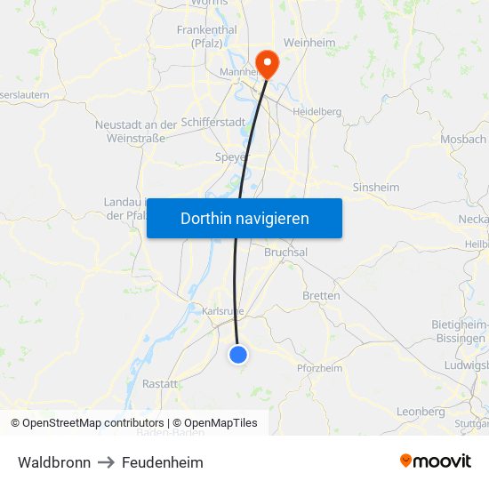 Waldbronn to Feudenheim map