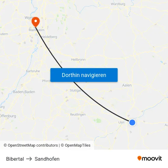 Bibertal to Sandhofen map