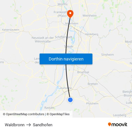 Waldbronn to Sandhofen map